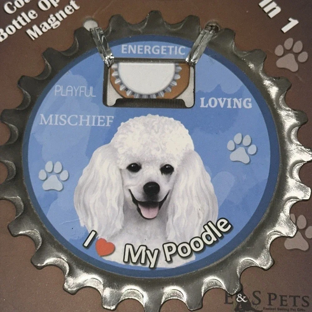 E&S Pets I Love My Poodle 3-in-1 Coaster Bottle Opener Magnet White Dog Gift